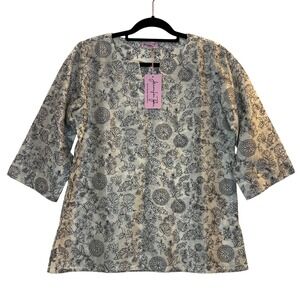 Jennifer Tyler Knit Couture Aurora Tunic‎ Cream Black Floral Top Size 42 Large